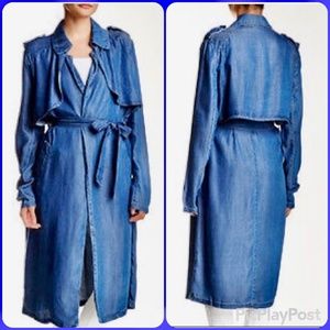 NWT Chambray Denim Blue BELTED Trench Coat Duster S Utility Cargo IN STYLE CHIC